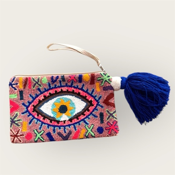 Wayuu Tribe Handbags - Wayuu colorful Embroidered seeing Eye Clutch with Blue Tassel